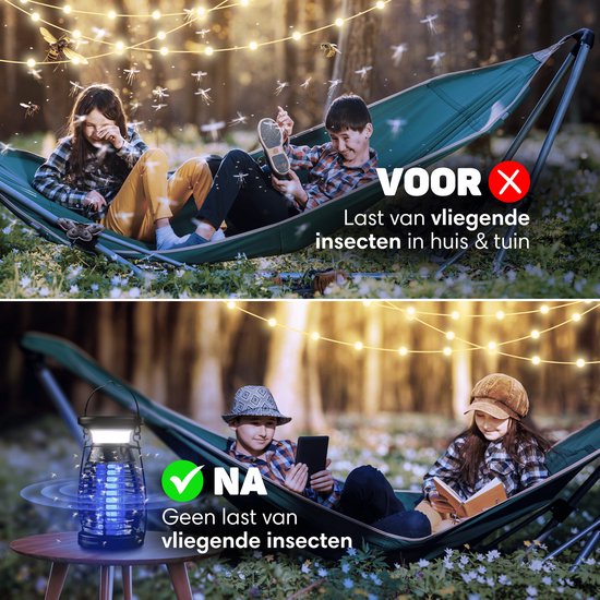 Vulpes Goods® Repellent Mückenlampe PRO - Elektrischer Insektenvernichter - UV-Modus & Nachtlicht - Aufhängbar - Wiederaufladbar & Solar - Wasserdicht - Inkl. Auffangschale & Reinigungsbürste