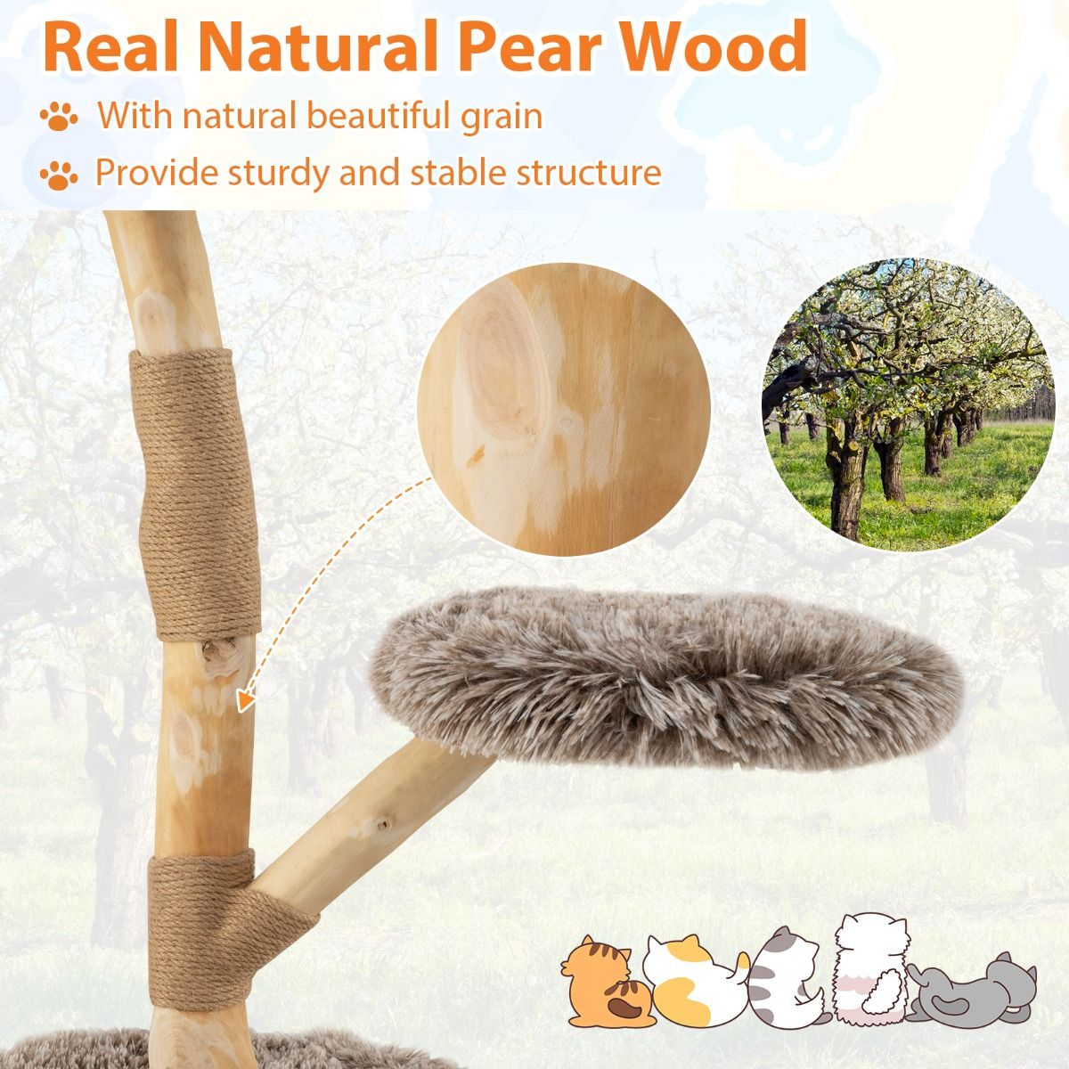 Coast Kratzbaum für Katzen – 3 Ebenen – Birnenholz und Jute – hellgrau und beige – 90 cm