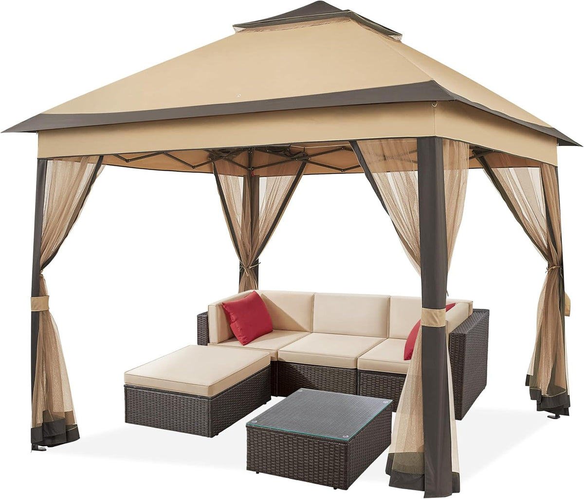 Yaheetech Pop-up-Pavillon 3,3 × 3,3 m mit 4 Netz-Seitenwänden und Tragetasche, Khaki/Braun