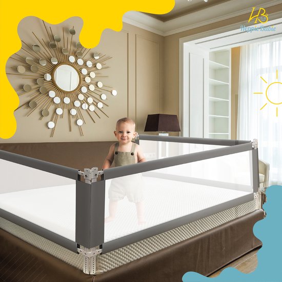 HeppieBabie Bettgitter - Universal - Extra lang 150 CM - Verstellbar - Grau mit Sicherheitsnetz - Bettgitter - Bettgestell