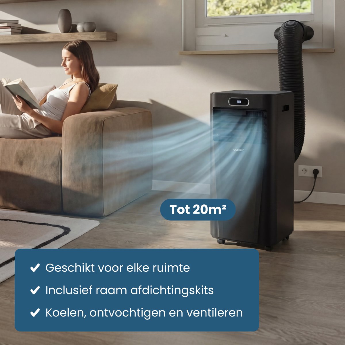Auronic Mobile Klimaanlage Weiß – 7000 BTU – Bis zu 20 m² – 3-in-1 – Mit Fensterdichtungssätzen