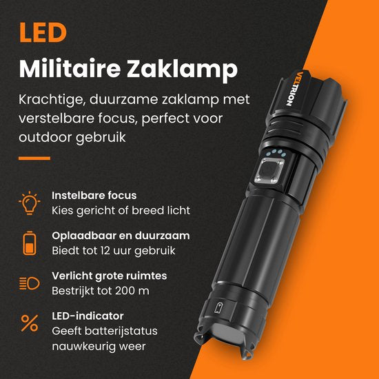 Veltrion LED-Taschenlampe, wiederaufladbar – Kostenloses Zubehör – Militärtaschenlampe – 6000 Lumen – 26650-Akku – 5 Leuchtstufen – Powerbank-Funktion – Taschenlampe mit Akkus – Notfallpaket