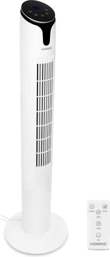 VONROC Luxe Ventilator - Turmventilator - Höhe 110 cm - Inkl. Fernbedienung - 3 Geschwindigkeiten - Swing-Funktion - 15-Stunden-Timer - weiß
