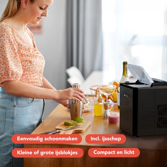 KitchenBrothers Eiswürfelbereiter - 1L - Easy Clean + Selbstreinigungsfunktion - Eiswürfelbereiter - 12kg/24 Stunden - Gunmetal-Edelstahl