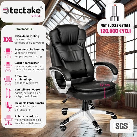 tectake Luxury Design Bürostuhl - Schwarz - Kunstleder - Verstellbar - 400578