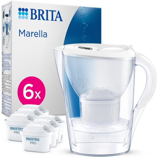 BRITA – Wasserfilterkanne – Marella Cool – 2,4 l – Weiß – inkl. 6 MAXTRA PRO ALL-IN-1-Wasserfilterkartuschen – Vorteilspackung