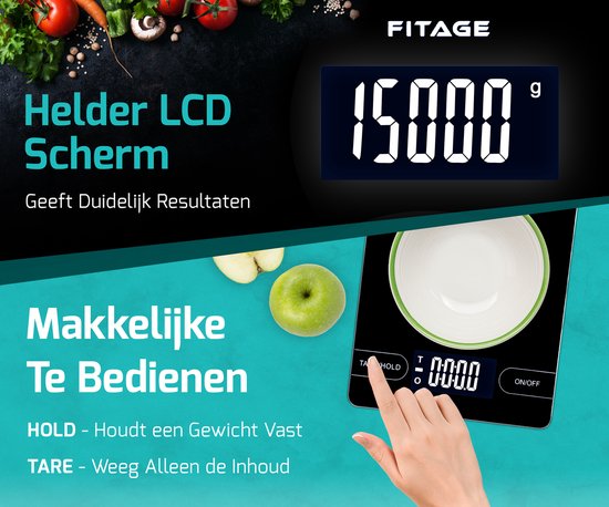FITAGE Keukenweegschaal - Weegschaal Keuken - Groot en tot 15KG - Precisie Weegschaal - Digitaal