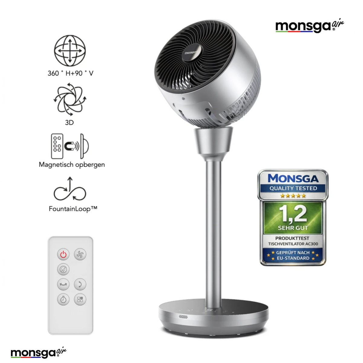 MonsgaAir AC300 Leiser Standventilator – 76 cm – 120° + 90° 3D-Oszillation – 5 Geschwindigkeitsstufen – 25 dB