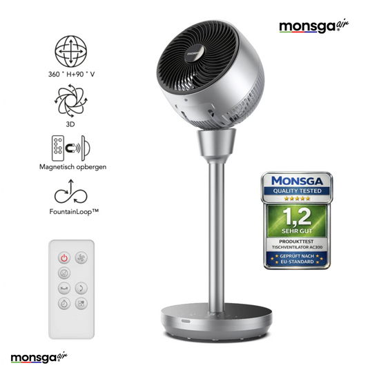 MonsgaAir AC300 Leiser Standventilator – 76 cm – 120° + 90° 3D-Oszillation – 5 Geschwindigkeitsstufen – 25 dB