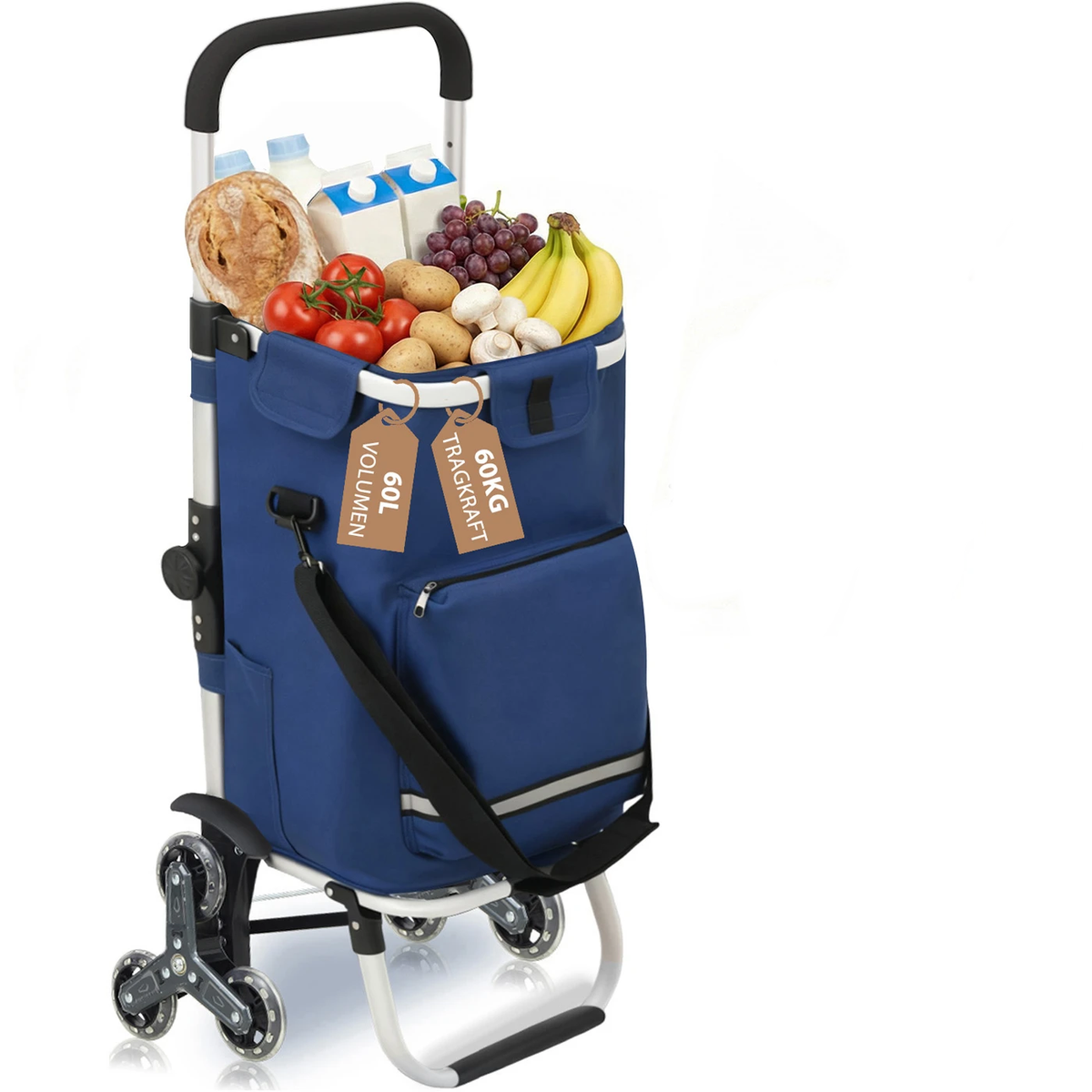 Zusammenklappbarer Einkaufswagen „Traploper“ 60 l – 3-in-1 mit Kühlfach und 6 Rädern – Aluminiumrahmen – Blau – 36 x 42 x 98 cm