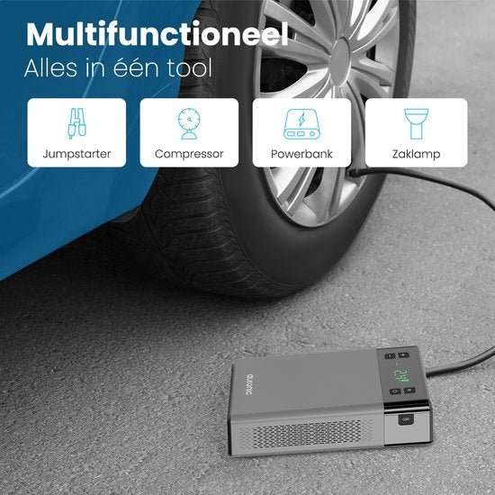 Auronic Jumpstarter - mit Kompressor - 12V - 1200A - 12.000 mAh - 6-in-1 Starthilfe - Inkl. Aufbewahrungstasche & Zubehör - Schwarz/Grau