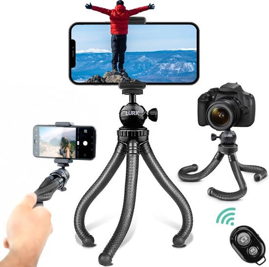 LURK® - 3 in 1 Flexibles Octopus-Stativ Stativ - für Smartphone & (Action-)Kamera - Inkl. Telefonklemme und Bluetooth-Fernbedienung - 25 cm