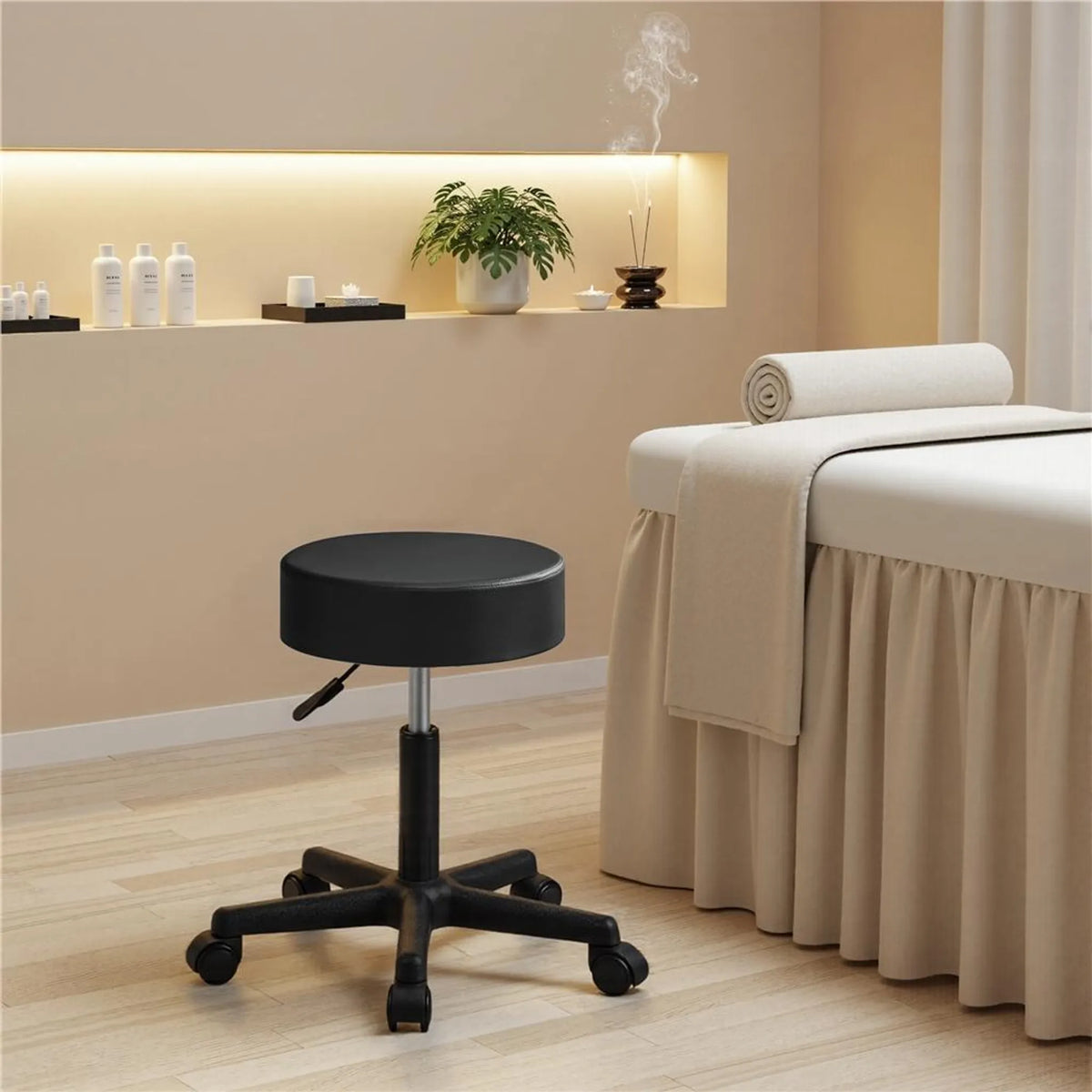 Yaheetech höhenverstellbarer Barhocker - Ausgestattet mit 10 cm dickem Sitzkissen und 360° drehbar und Sternfuß mit Rädern - Für Büro Studio und Kücheninsel - Schwarzes Leder und Metall - 50 x 50 x 46 - 61,5 cm