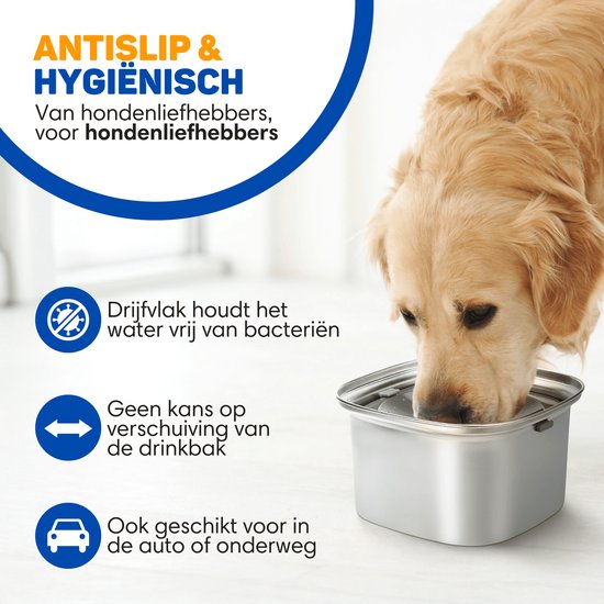 Vulpes Goods® Trinknapf Hund - Wassernapf für Hunde - Anti-Spillage - Reduziert das Schlabbern - Edelstahl - Für unterwegs - 3L