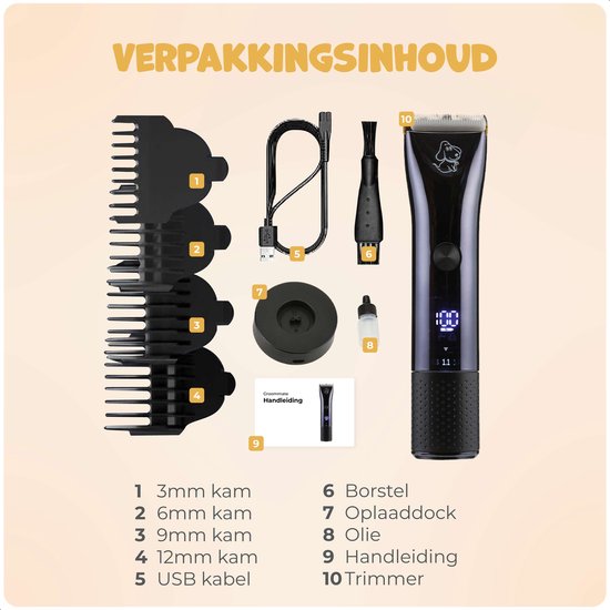 Dutchwide Groommate Kabellose Tierschermaschine - Inkl. 4 Aufsätze - schwarz