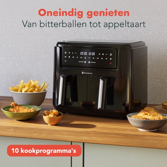 KitchenBrothers Airfryer XXL Dual Zone - 9L - 2400W - Heißluftfritteuse - Doppelter Korb - 50ºC bis 200ºC - 10 Kochprogramme - Schwarz
