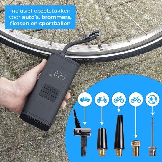 Nuvance - Kompressor-Reifenpumpe - 4000mAH - Elektrische Fahrradpumpe - Luftkompressor für Auto, Roller, Fahrrad, Ball und Luftmatratze - Inklusive Aufsätze - Taschenlampe - PRO