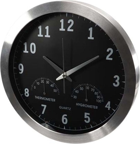 Perel Aluminium Wanduhr mit Thermometer & Hygrometer - Ã˜ 35.5 Cm