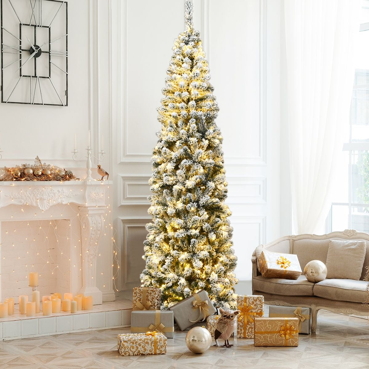 Coast Weihnachtsbaum Bleistift - Mit Schnee, 350 LEDs & 641 Zweigen - 225 cm - PVC/Metall - Grün/Warmweiß