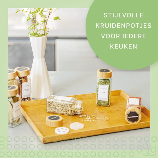 S.old - 36 Glasgewürzdosen quadratisch mit Bambusdeckel - Gewürzstreuer - Komplettset mit Streudeckeln, vorgedruckten Aufklebern und Trichter - Fassungsvermögen 120 ml - 10,5 x 4,3 cm