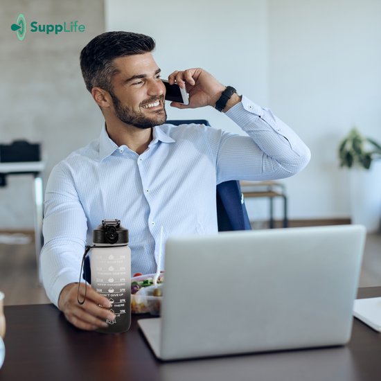 Supplife Motivations-Trinkflasche – 600 ml Trinkflasche – Trinkflasche mit Zeitangabe – Mit Strohhalm – Erwachsene – Kinder – Weiß, Schwarz