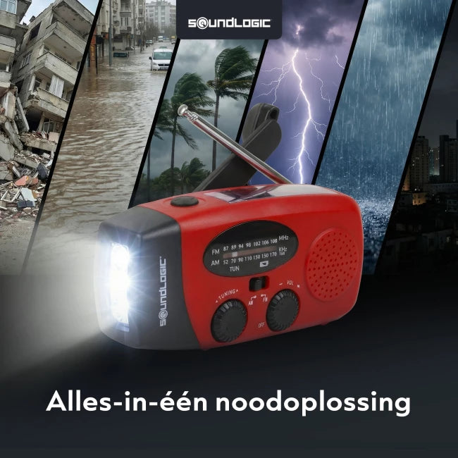 Soundlogic Solar-Notfallradio mit Handkurbel – Powerbank 2000 mAh, Taschenlampe und SOS-Funktion – Rot – 13 × 4,7 × 6,6 cm