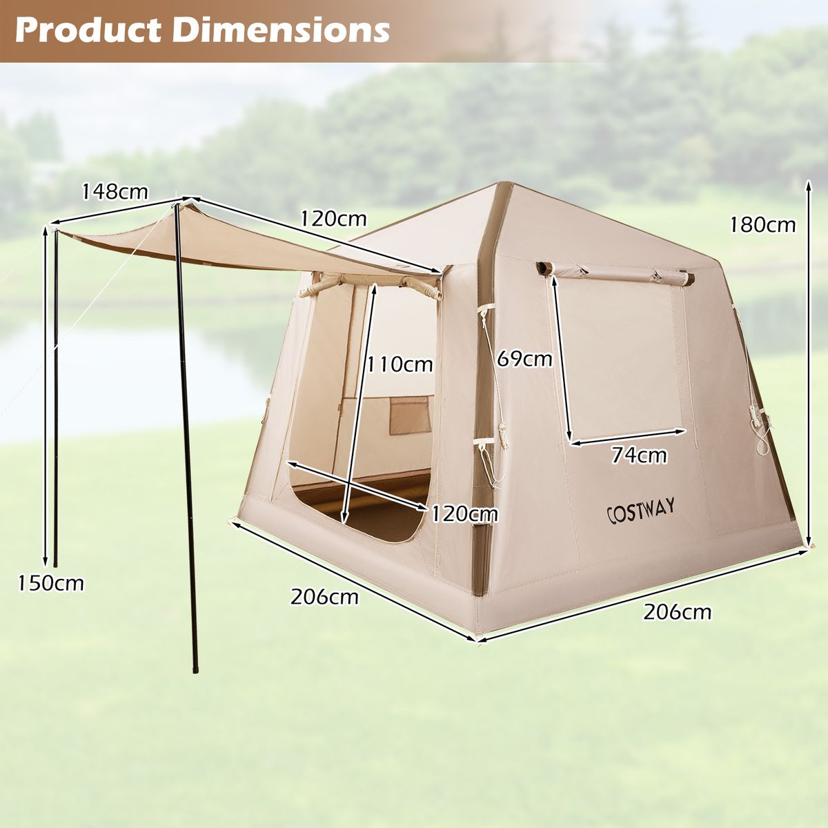 Coast Aufblasbares Campingzelt – 2 bis 4 Personen – Inklusive Pumpe und Tragetasche – Khaki – 210 x 210 x 180 cm