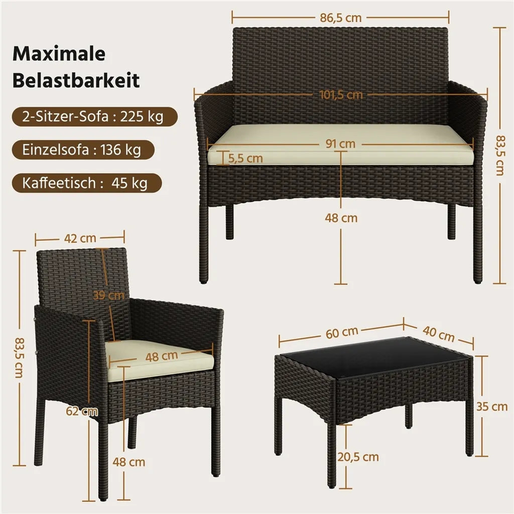 Yaheetech Polyrattan-Lounge-Set, 4-teilig – Braun/Beige – Gartenset mit 2-Sitzer-Sofa, 2 Stühlen und Tisch