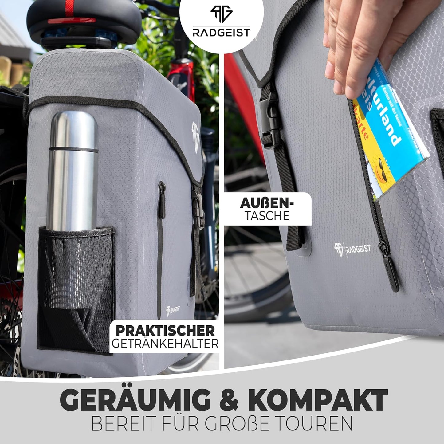 RADGEIST Fahrradtasche für Gepäckträger 100% wasserdicht I Doppelte Fahrradtasche 50 Liter - Doppelte Fahrradtasche mit einfachem Verschluss (grau)