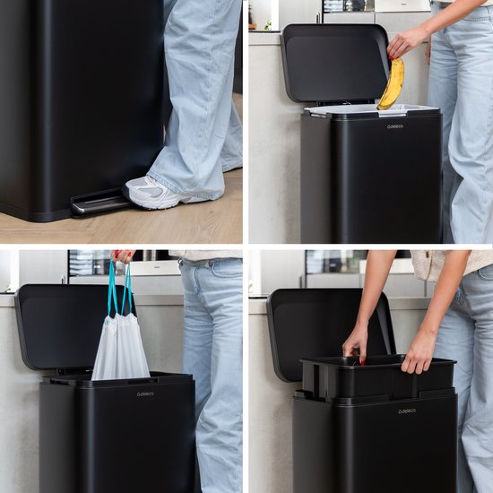 Deleca Mülleimer Prestige - 50 Liter - breit - Edelstahl Mülleimer / Abfallbehälter / Tret-Abfallsammler - mit Fußpedal und Slow Close - Mattschwarz