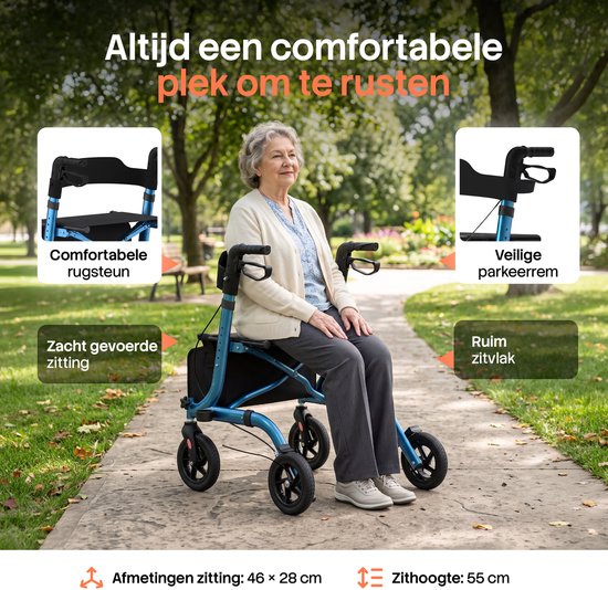Brixy Rollator – Leicht & zusammenklappbar – 360°-Gummiräder – Sitzfunktion – Für drinnen und draußen – Rückenlehne, Tasche & Gehstockhalter – Blau