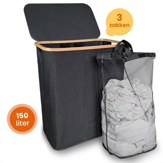 Goliving Wäschesortierer 3 Boxen - 150L - Faltbarer Wäschekorb mit Deckel - 3 herausnehmbare Taschen mit farbigen Etiketten - 57 x 37 x 66 cm - Schwarz