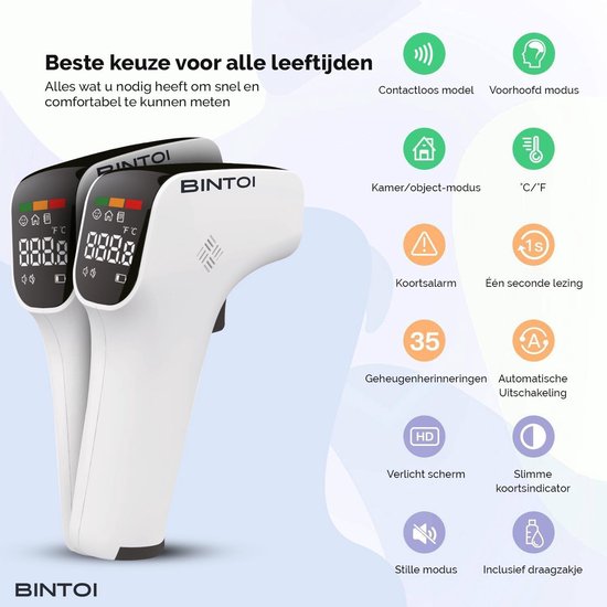 Bintoi® Thermometer Stirn - Temperaturmesser - Körperthermometer - Ohrthermometer - Fieberthermometer für Erwachsene und Babys - Sofortige Messung in 1 Sekunde - Einfaches Ablesen im Dunkeln - Inklusive Batterien.