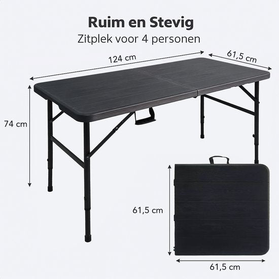 LifeGoods Zusammenklappbarer Tisch - 124x61,5 cm - Stabiler Klapptisch - Wetterfest - Zusammenklappbarer Esstisch - Campingtisch - Klapptisch für drinnen und draußen - Schwarze Holzmaserung