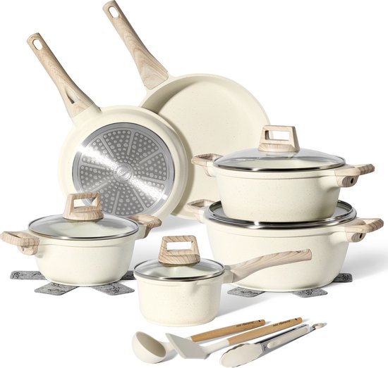 Just Perfecto 15-teiliges Induktionskochgeschirrset - Beigefarbenes Kochgeschirrset mit Deckel für Gas und Induktion - PFAS-frei - Kalte Griffe