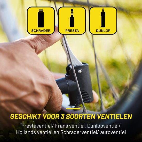 Dunlop Fahrradpumpe mit Manometer - Fahrradpumpe für Dunlop, Schrader und französische Ventile - Standpumpe inkl. Adapter für Wasserspielzeug und Bälle
