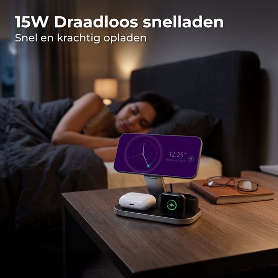 Nuvance Kabelloses Ladegerät – 3-in-1 – 15 W – Ladestation – Schnellladegerät – Wireless Charger – Geeignet für Apple Smartwatch und Ohrhörer