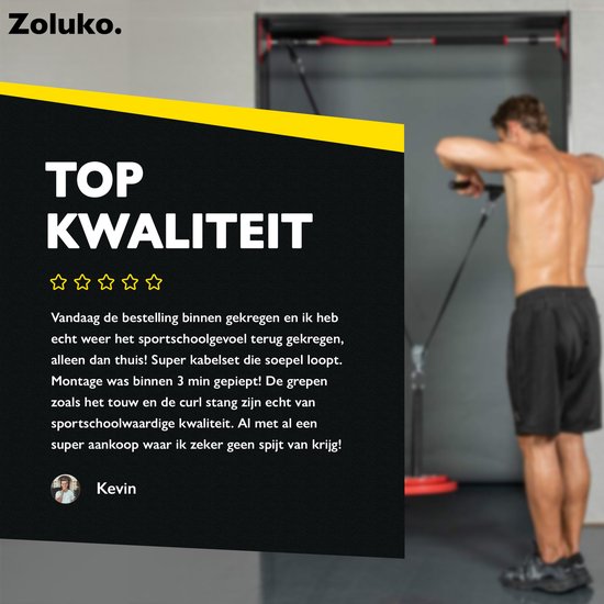 Zoluko Home Fitness Cable System 23-teiliges Set - Inkl. E-Book - Kraftstation für den Heimsport - Inkl. Trizepsseil, Bizepsstange und Griffe - 100kg Tragkraft - Einfache Befestigung - Krafttraining - Lat Pulley - Home Gym - Schwarz/Silber