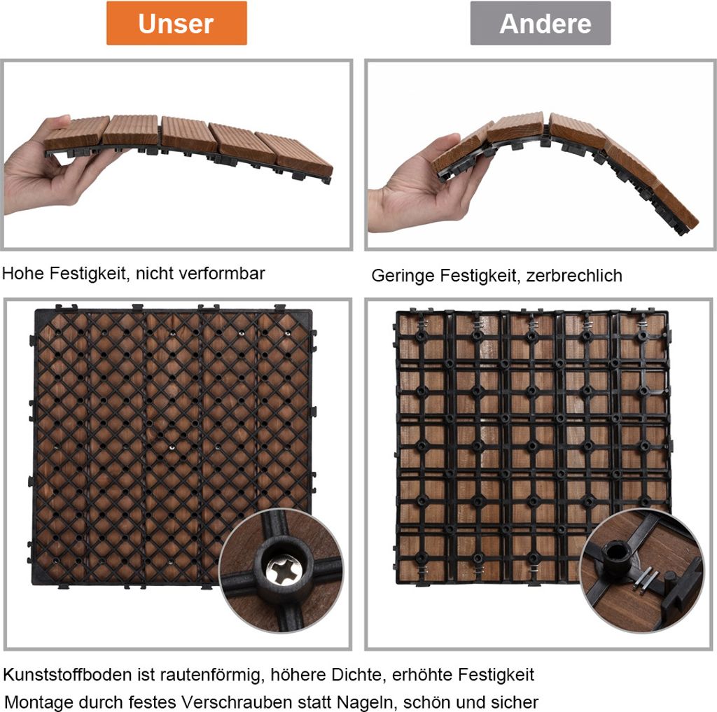 Yaheetech Holz-Klickfliesen – 11 Stück – ca. 1 m² – 30 x 30 cm – Braun