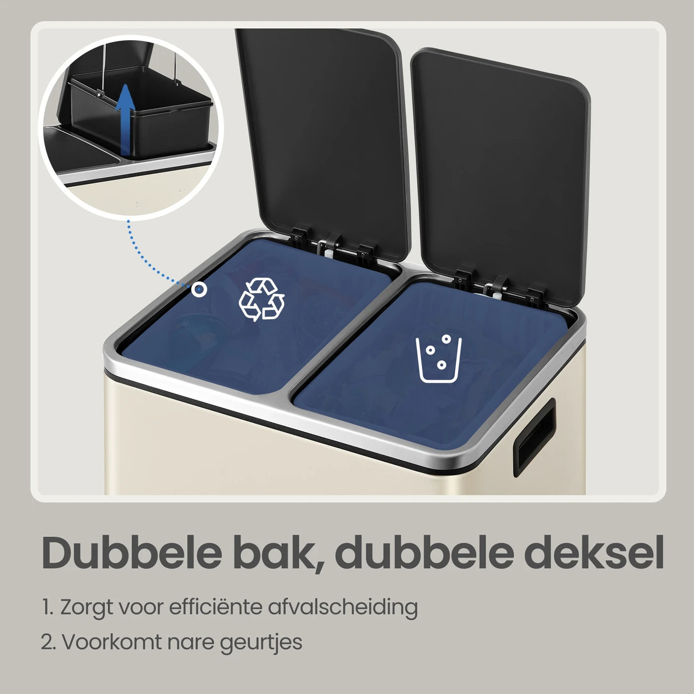Joyfurnos Doppel-Treteimer – Beige & Schwarz – 2 x 15 Liter – Softclose-Deckel – Stahl – 41,8 x 35,9 x 44,5 cm