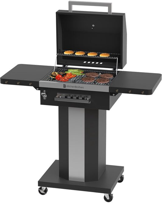 KitchenBrothers - Holzkohlestehgrill Barbecue - BBQ - mit Deckeln und Rädern - Edelstahl Grillrost - Schwarz