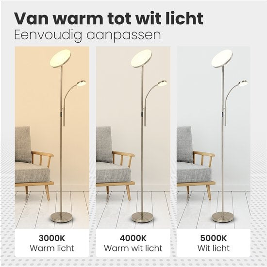 Auronic Stehleuchte - Stehleuchte Industrial - 181cm - LED - Dimmbar und neigbar - mit Fernbedienung - Geeignet für Wohnzimmer - Silber