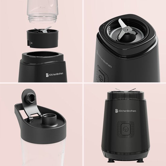 KitchenBrothers Mini Mixer - Mixer zum Mitnehmen - Smoothie Maker - 2 To-Go Becher 600 ml - Schwarz