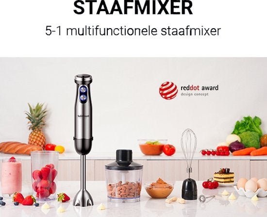 Safecourt Kitchen - 6-teiliges Stabmixer-Set - Inklusive Milchaufschäumer & Messbecher - Zerkleinerer - 1000 Watt - 20 Geschwindigkeiten