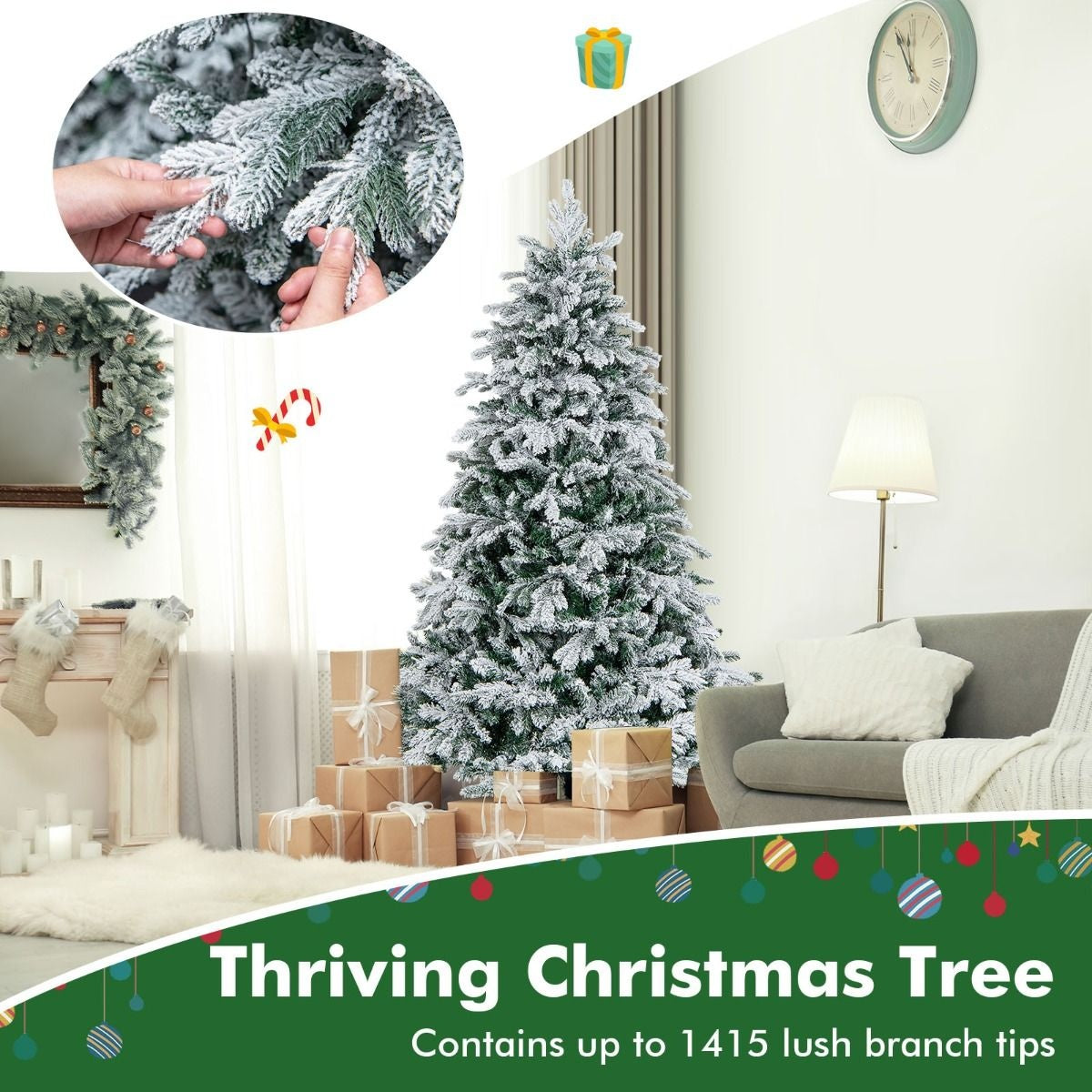 180 cm großer künstlicher Weihnachtsbaum Beflockter Weihnachtsbaum mit 1415 Zweigspitzen 260 warmweiße LED-Lichter Beleuchteter Weihnachtsbaum Weiß + Grün