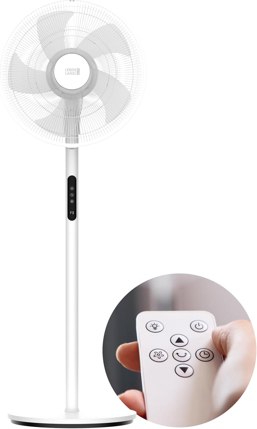 LEBENLANG Standventilator - Geräuschlos - Mit Fernbedienung - LED-Anzeige - 5 Modi - 0,7–1,3 Meter - Weiß