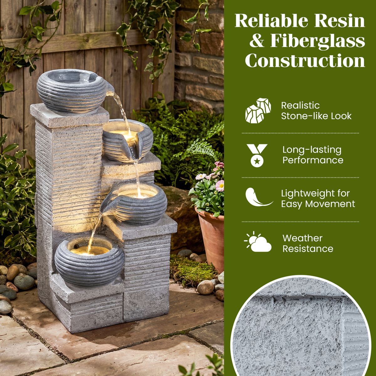 Coast Gartenbrunnen mit LED-Beleuchtung – Vierstufiger Wasserfall – Kunstharz und Glasfaser – Grau 28 x 22 x 58 cm