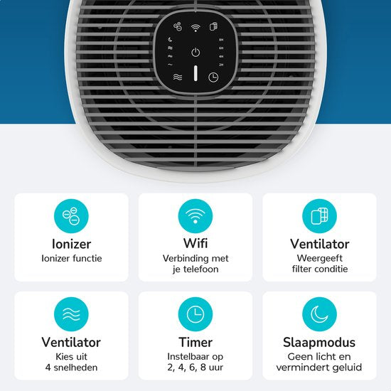 Bloomfold Luftreiniger - HEPA 13 Filter + Kohlefilter - CADR: 240m3/h. - Wifi-Modus & App - Luftqualitätsanzeige - 3 Modi + Schlafmodus