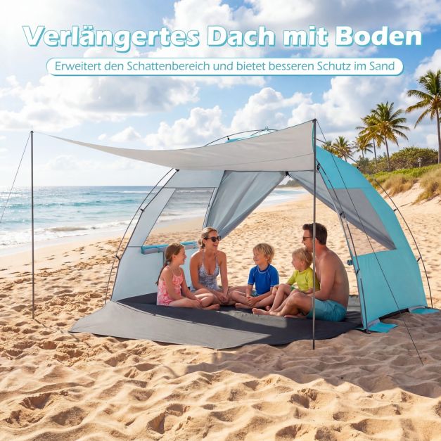 Coast Strandzelt 260 × 150 × 160 cm – Strandzelt mit Markise, UPF 50+ UV-Schutz, Netzfenstern und Tragetasche – Blau