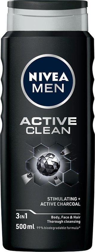 NIVEA MEN Active Clean Duschgel - 3-in-1 Duschgel mit natürlicher Aktivkohle - Shampoo - Fertigpackung - 6 x 500 ml